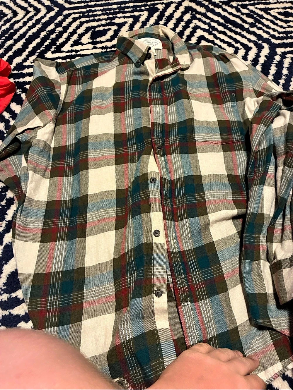 St. John's Bay Plaid Button Down Green & Red Large